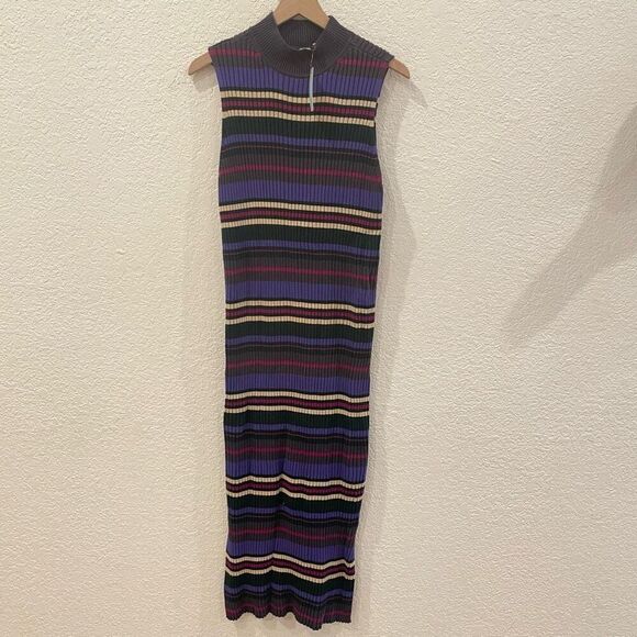NWT Anthropologie Dolan Anne Ribbed Purple Striped Mock Neck Midi Dress 2X Work - Picture 3 of 10